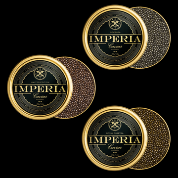 three tins half open of imperia sturgeon roe