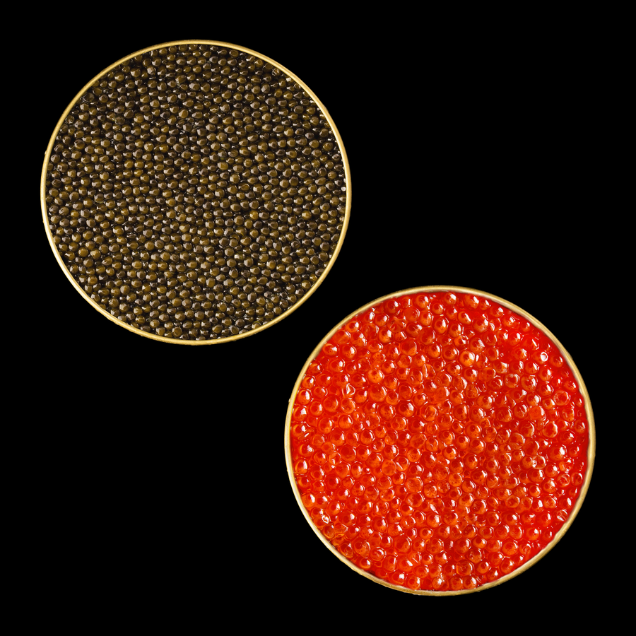 two tins of black and red caviar 