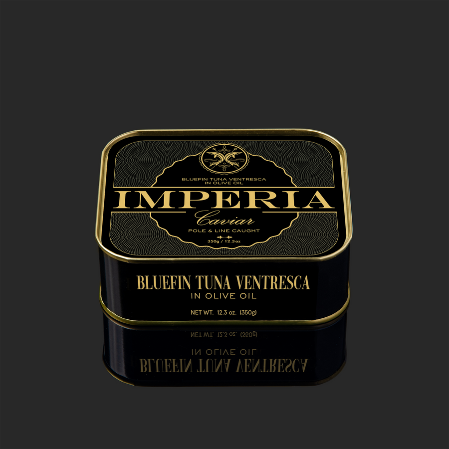 a top view of imperia bluefin tuna in a closed tin