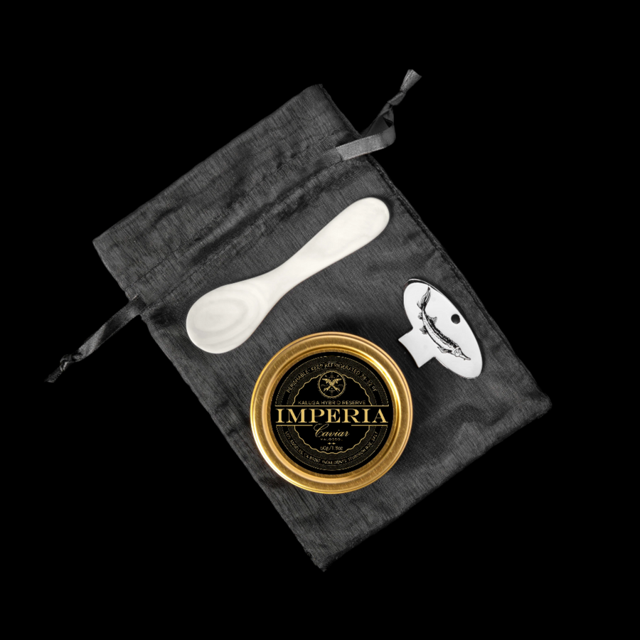 a spoon, tin opener, and tin of caviar 
