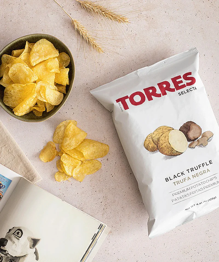 torres black truffle potato chips in bag and bowl